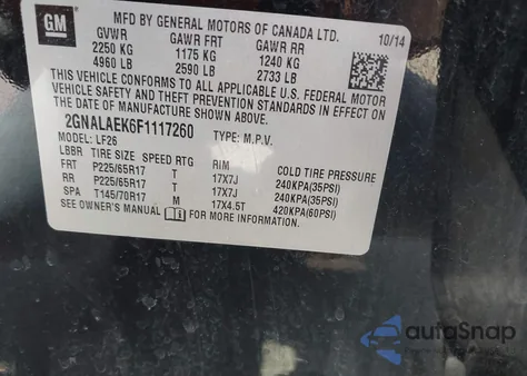 2015 Chevrolet Equinox Ls из США, поврежденный, VIN 2GNALAEK6F1117260